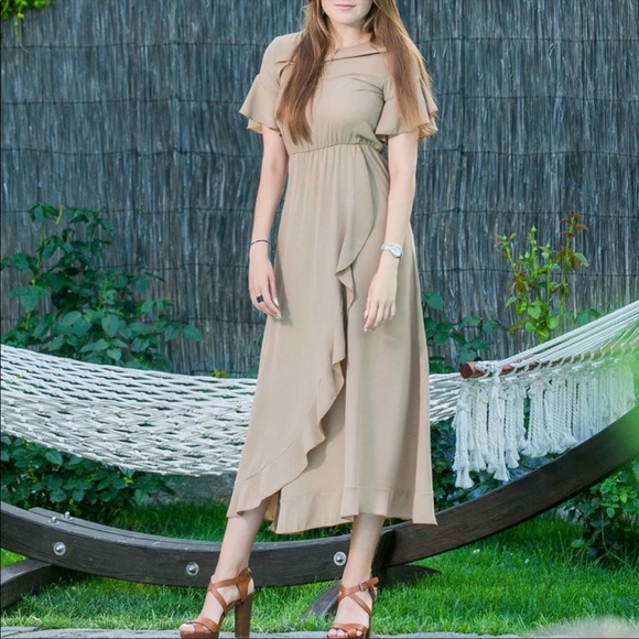 COPY - LIKE NEW Beige Tan Asymmetric Long Maxi Ruffled Airy Dress Split Leg Ita… - Picture 1 of 5